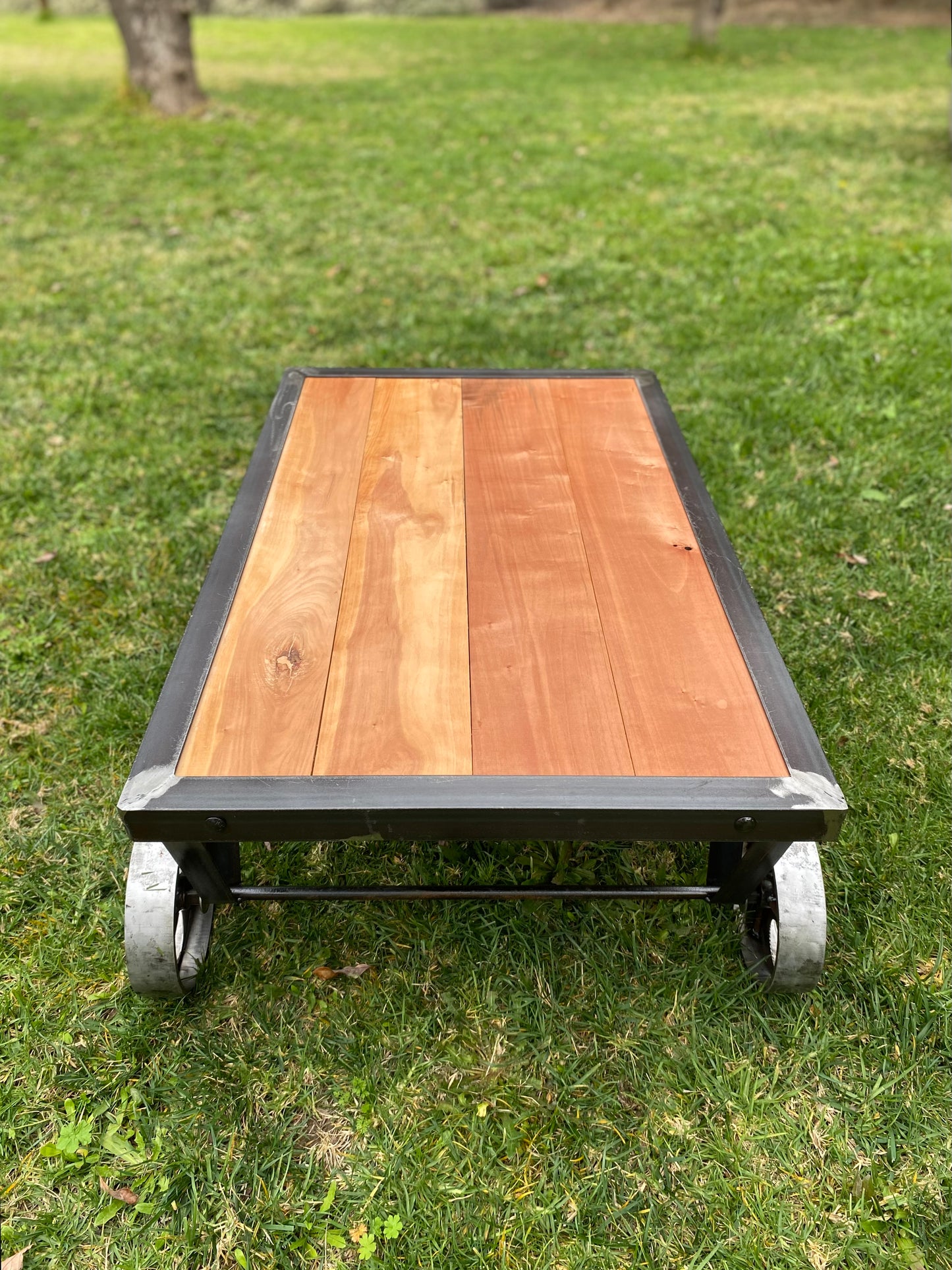 Mesa de fierro con cubierta de roble